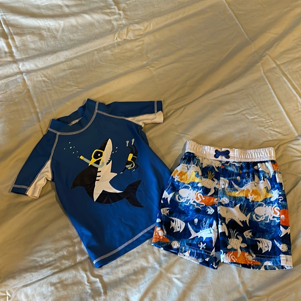 Toddler Boy swim trunks and rash guard